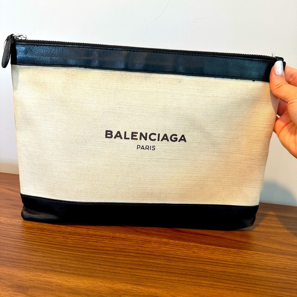 Balenciaga large clutch leather and canvas